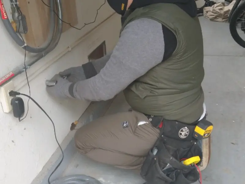 Electrician performing outlet wiring in a Littleton garage